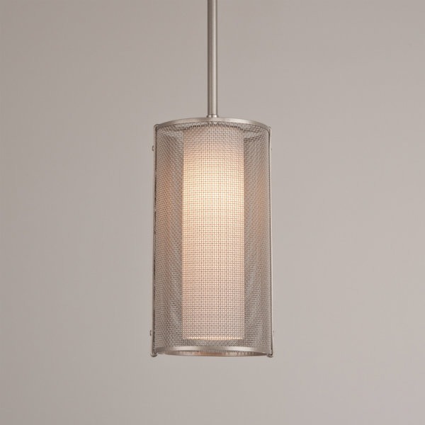 Uptown Mesh pendant in metallic beige silver, with frosted glass cylinder.LAB0019