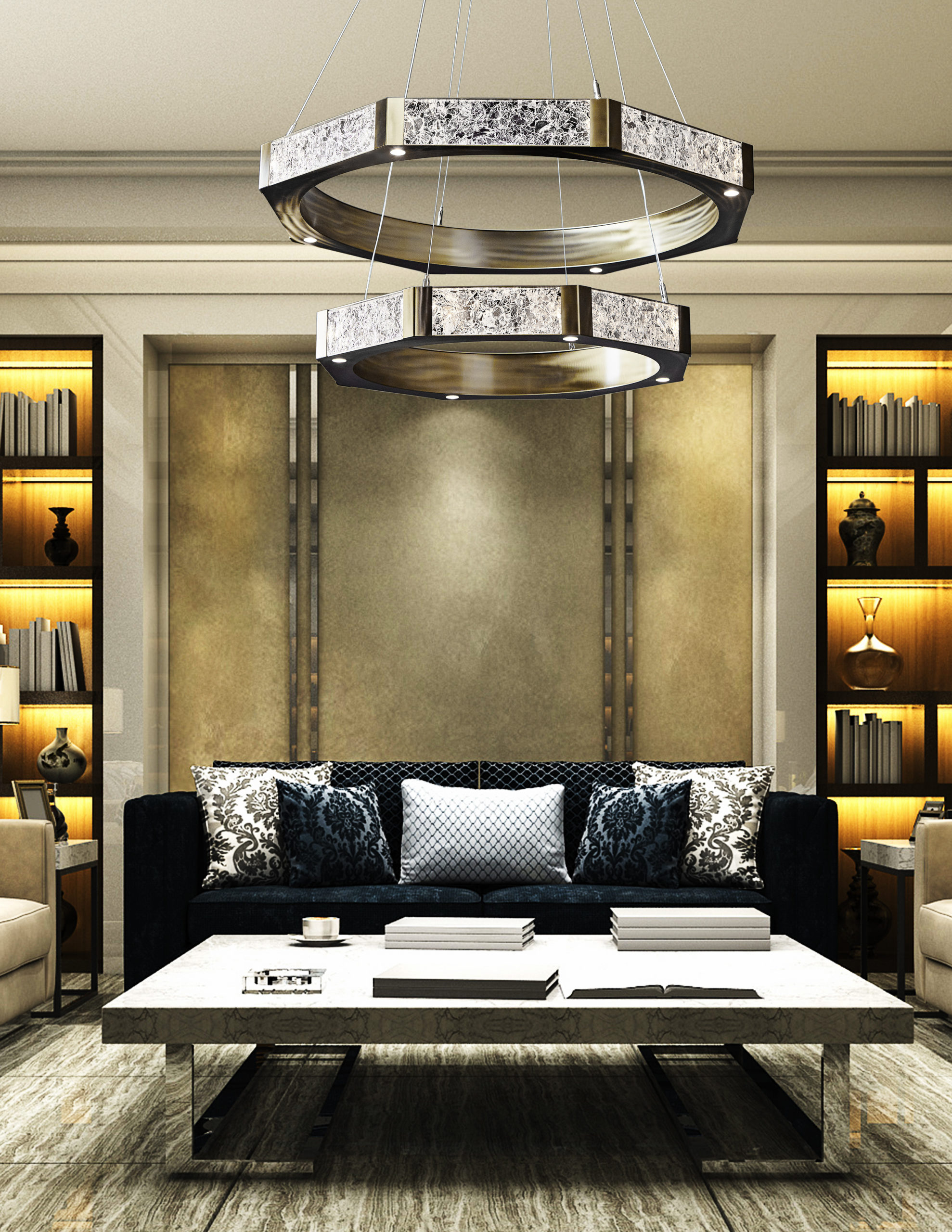 3d rendering luxury and modern living room with bookshelf