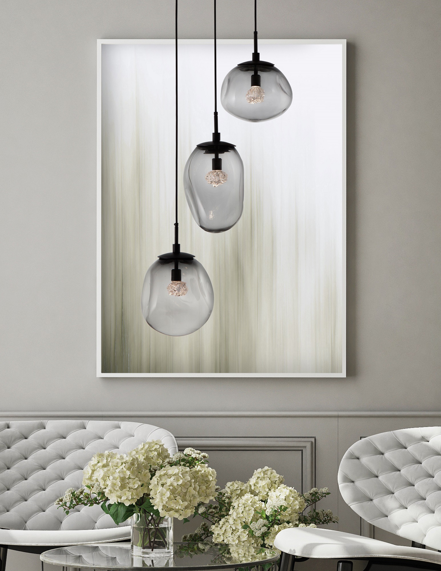Hammerton Studio's Nebula hanging glass pendant lights featuring both hand blown crystal glass shades and cast crystal glass bulbs