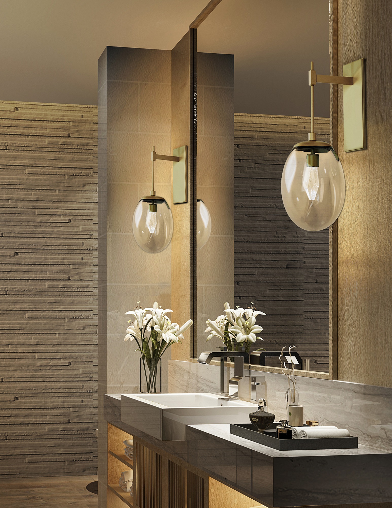 this bathroom vanity features two Hammerton Studio Nebula wall sconces with both hand blown crystal glass shades and cast crystal glass bulbs