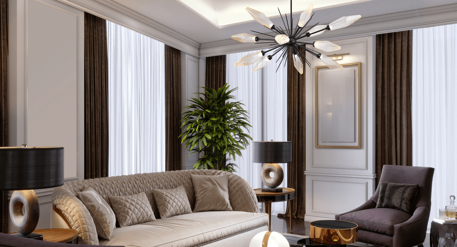 A Hammerton Studio Rock Crystal chandelier with matte black finish and rock crystal-shaped glass light shades in an elegant living room setting.