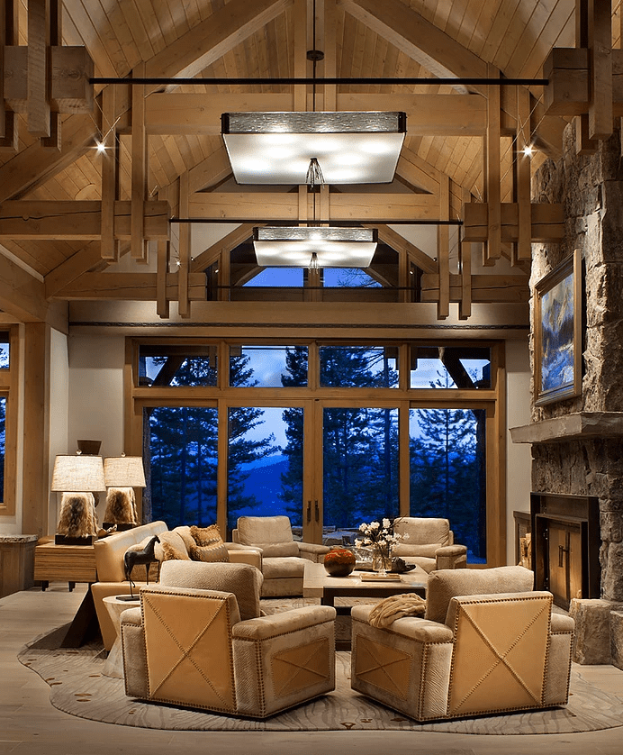 Custom oversized Ironwood square chandeliers in a mountain residence