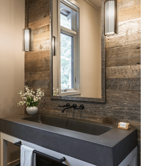 Downtown Mesh Pendants in a modern farmhouse powder room 