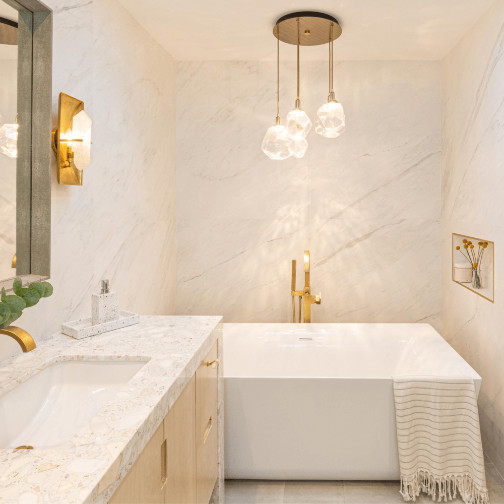 A Hammerton Studio Gem multi-port adds Hollywood glam to this elegant LA bath. Interiors: Kelly Shepard Designs | Los Angeles, CA