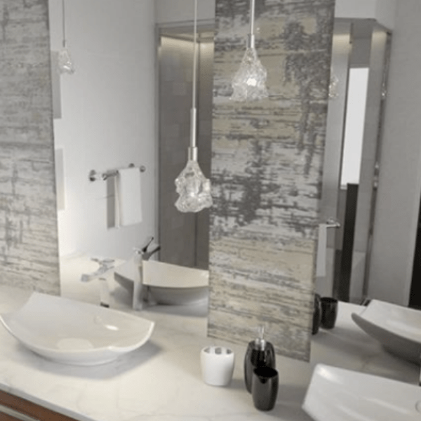 Blossom Pendants add textural intrigue to this master bath. Interiors: Jane Bell Interior Design | Scarsdale, NY