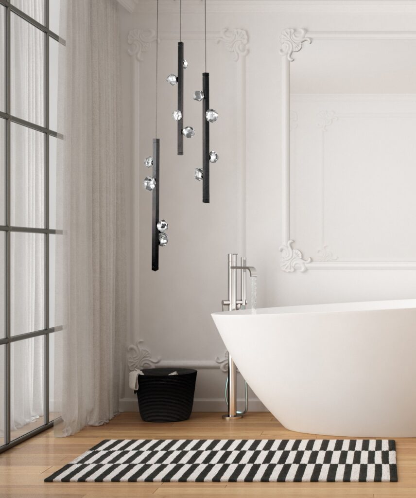 Minimal luxury bathroom with bathtub, carpet, mirror and pendant