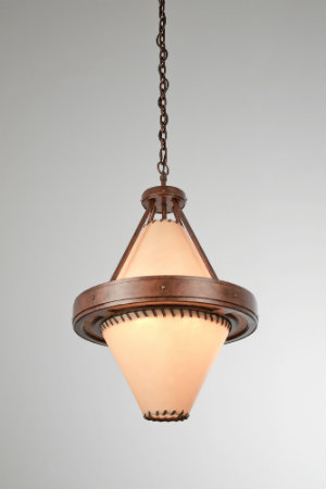  Designed with lashed rawhide and antique copper finished steel, this diamond-shaped pendant mixes rugged materials with clean lines for a sophisticated, rustic chic look. 