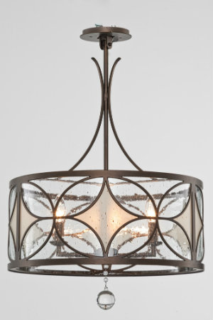  This stunning custom Chateau chandelier is crafted from stenciled panels of seeded and frosted glass set against an elegant geometric pattern created with a matte black-finished steel framework. The blown glass bauble dangling from the bottom of the fixture adds a touch of glamour. 