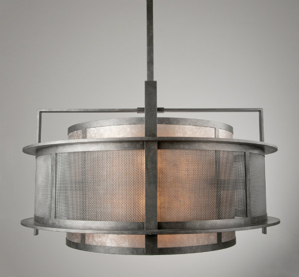  Lines and layers set the stage while woven steel mesh, light mica and an antique nickel finish complete this industrial chic reinterpretation of a basic drum fixture. 