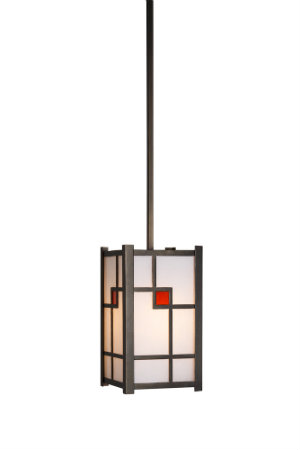  A bold stained glass accent provides an eye-catching Frank Lloyd Wright-inspired pop of color to this geometric pendant. 