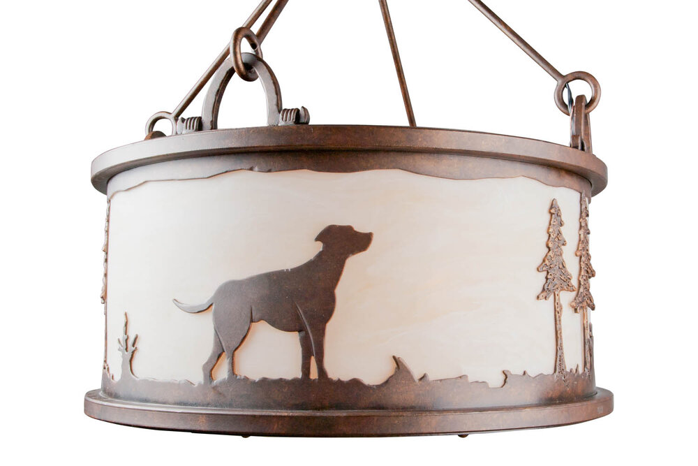 A client sent us a photo of her pet labrador, which we recreated in a steel silhouetted drum pendant. Custom design #CU-CH6030-7B-B