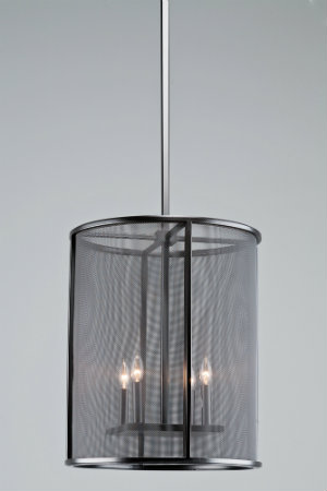  This cylindrical mesh fixture in a contemporary black finish features strikingly clean lines and four simple candle bulbs. 