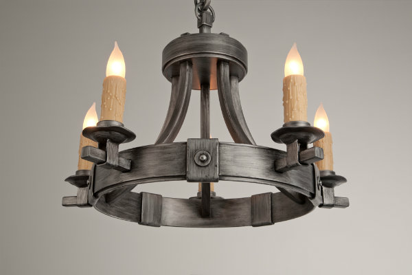  This Craftsman chandelier's melted wax candles and brushed antique iron finish is suitable for both transitional and Arts &amp; Crafts style spaces. 