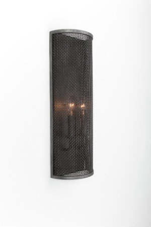  Woven steel mesh and vintage bulbs define this cover sconce, which can add intriguing interest to an industrial-chic powder room. 