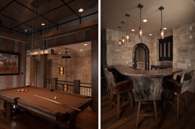 A contemporary pool light and five pendants in light mica, fine mesh and a Pewter finish beautifully complement the authentic finishes of the billiards room.