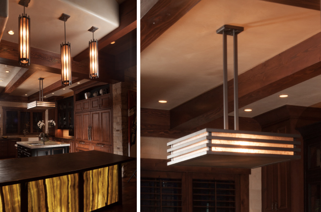 Three mica pendants above the kitchen island and a chandelier in the kitchen 