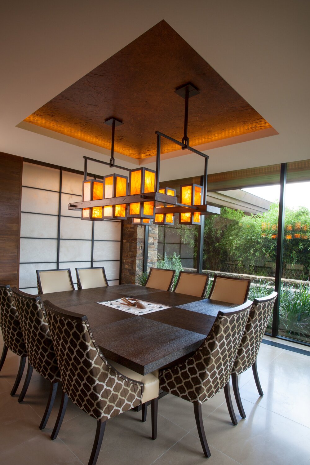Custom light in a Las Vegas residence featuring Honey Onyx stone mined in Utah and cut exclusively for this fixture.