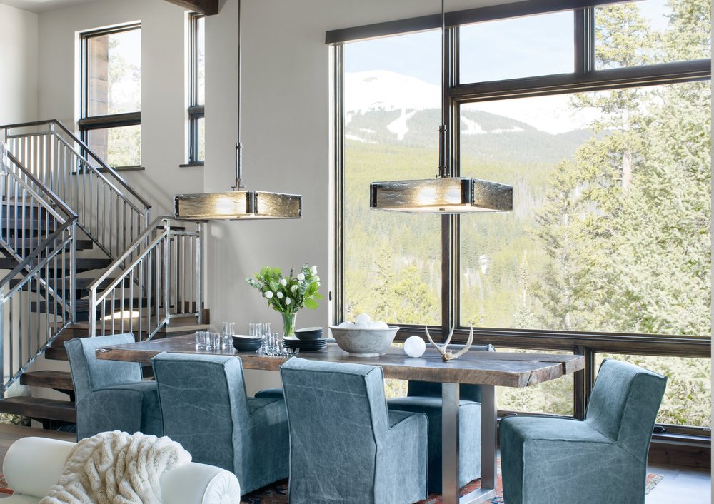 Two Hammerton Studio Urban Loft square chandeliers over a rustic contemporary mountain dining table | Pinnacle Design Studio | Frisco, CO