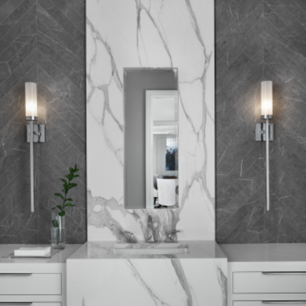 Modified contemporary sconce designs from Hammerton Heritage in a Michigan powder room. Interiors: Ellwood Interiors | Birmingham, MI