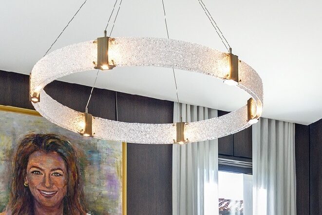 Parallel Ring chandelier in Rimelight textured glass CHB0042-48 XN301 Xander Noori Design – Photo by Hamid Arabani