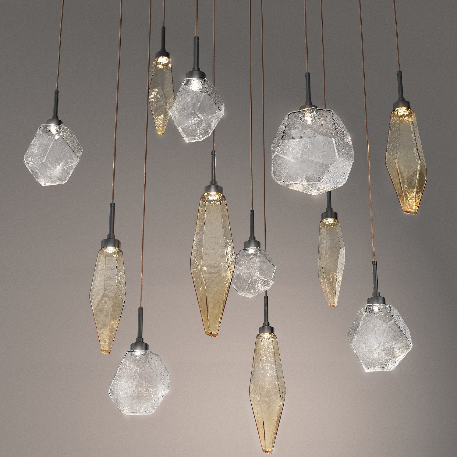 Custom Gem and Rock Crystal Multi-pendant chandelier