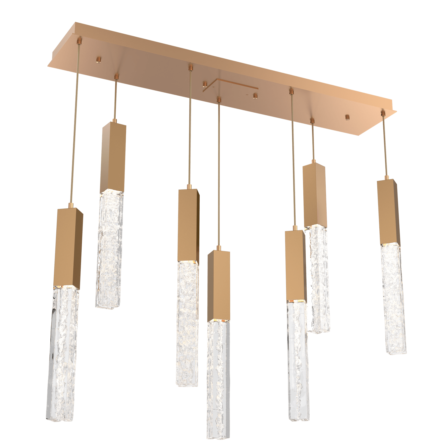 PLB0060-07-NB-GC-Hammerton-Studio-Axis-7-Light-Linear-Pendant-Chandelier-with-Novel-Brass-finish-and-clear-cast-glass-and-LED-lamping