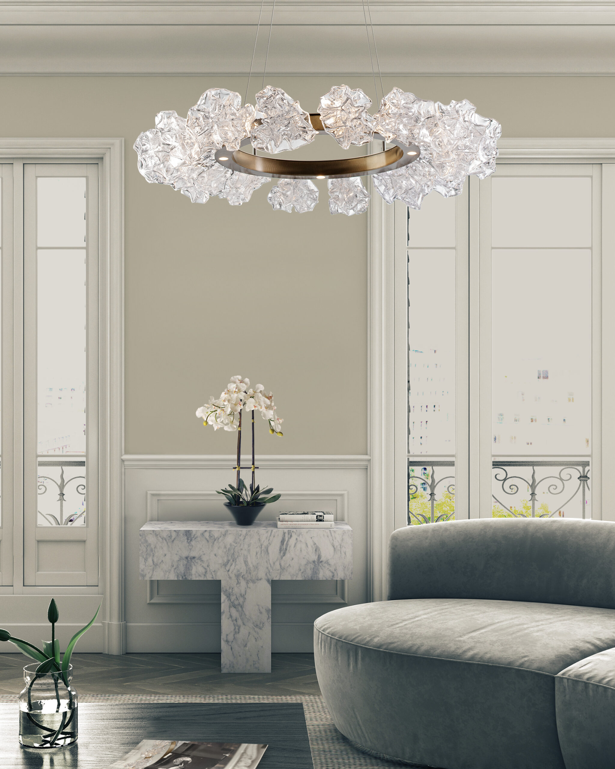 Blossom_ring-chandelier_CHB0059-36-RB-BC_living-room_oil-rubbed-bronze_clear-blossom-shaped-blown-glass-shades_context