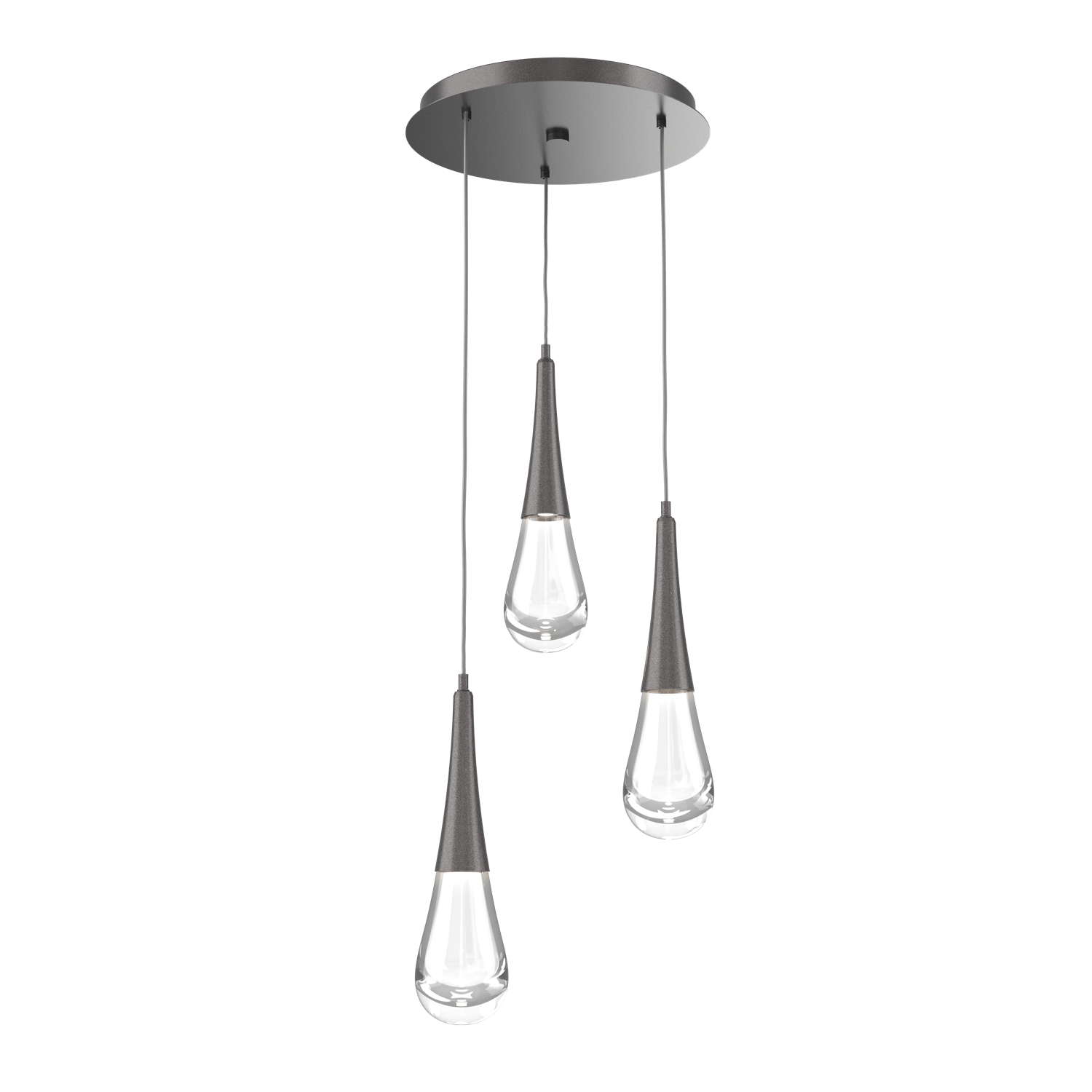 CHB0078-03-GP-Hammerton-Studio-Raindrop-3-light-round-pendant-chandelier-with-graphite-finish-and-clear-blown-glass-shades-and-LED-lamping