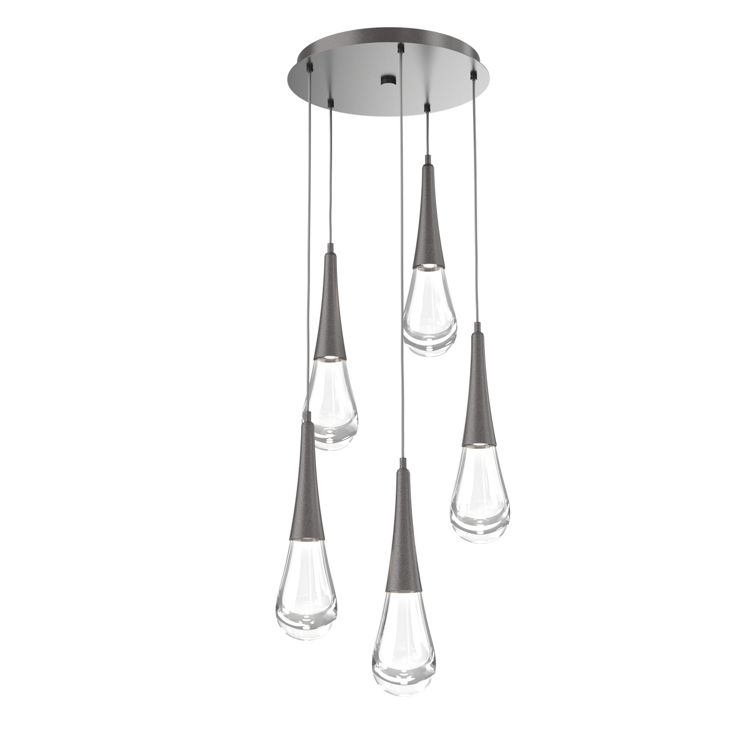 CHB0078-05-GP-Hammerton-Studio-Raindrop-5-light-round-pendant-chandelier-with-graphite-finish-and-clear-blown-glass-shades-and-LED-lamping