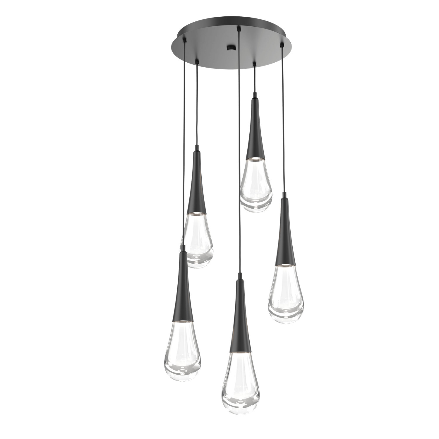 CHB0078-05-MB-Hammerton-Studio-Raindrop-5-light-round-pendant-chandelier-with-matte-black-finish-and-clear-blown-glass-shades-and-LED-lamping