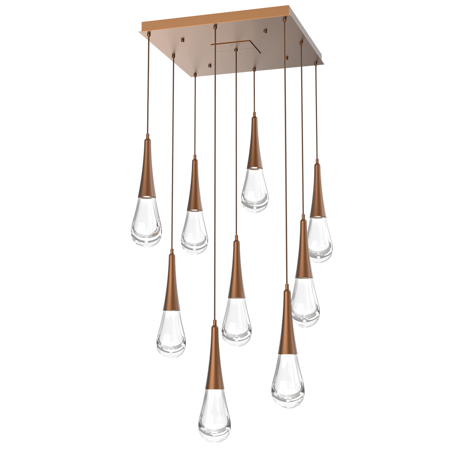 CHB0078-09-BB-Hammerton-Studio-Raindrop-9-light-square-pendant-chandelier-with-burnished-bronze-finish-and-clear-blown-glass-shades-and-LED-lamping