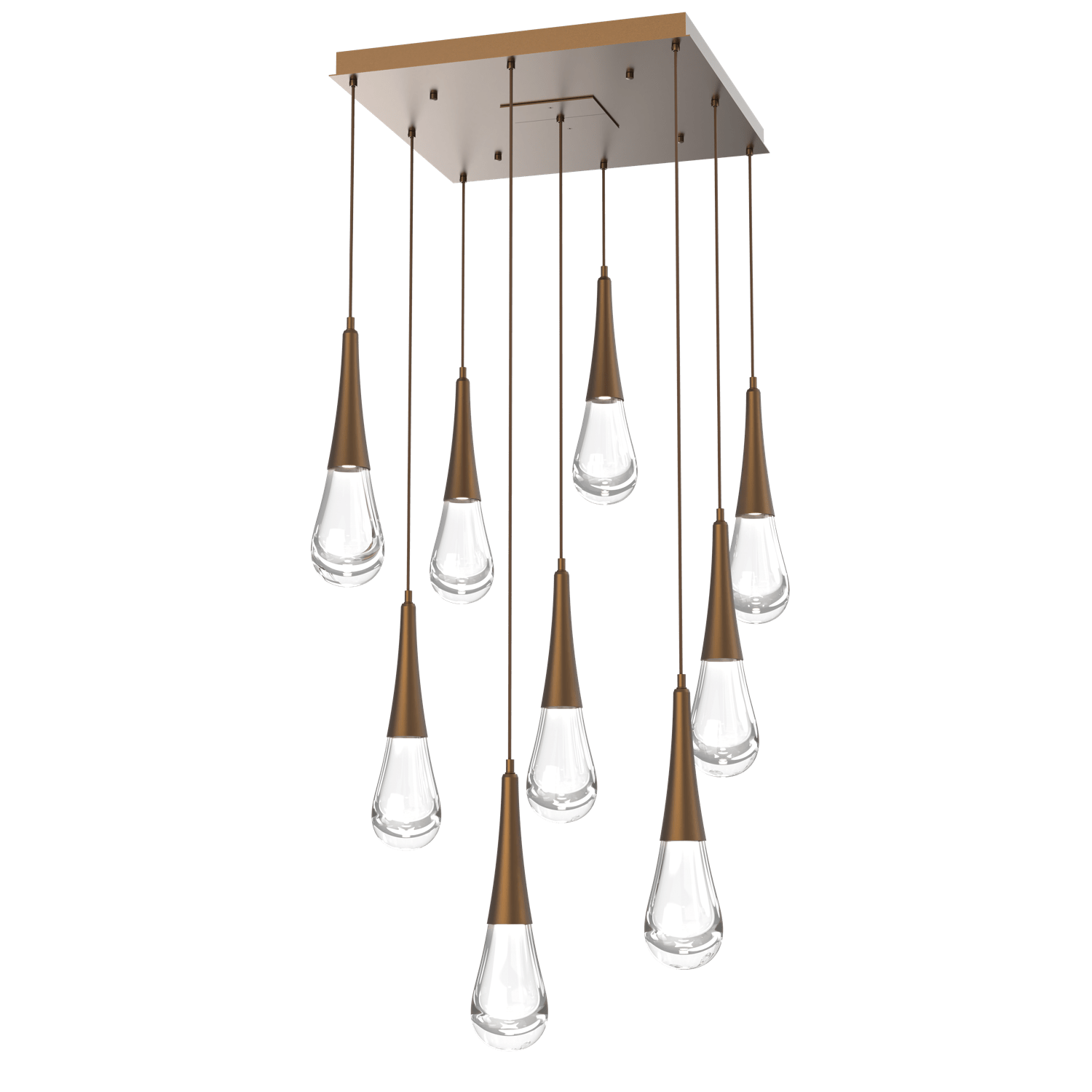 CHB0078-09-FB-Hammerton-Studio-Raindrop-9-light-square-pendant-chandelier-with-flat-bronze-finish-and-clear-blown-glass-shades-and-LED-lamping