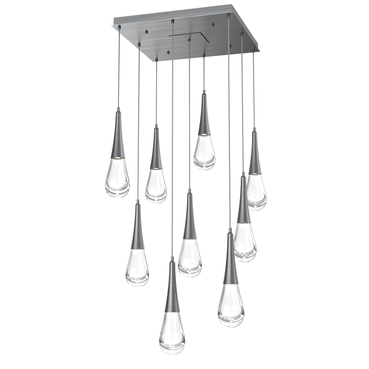 CHB0078-09-GM-Hammerton-Studio-Raindrop-9-light-square-pendant-chandelier-with-gunmetal-finish-and-clear-blown-glass-shades-and-LED-lamping