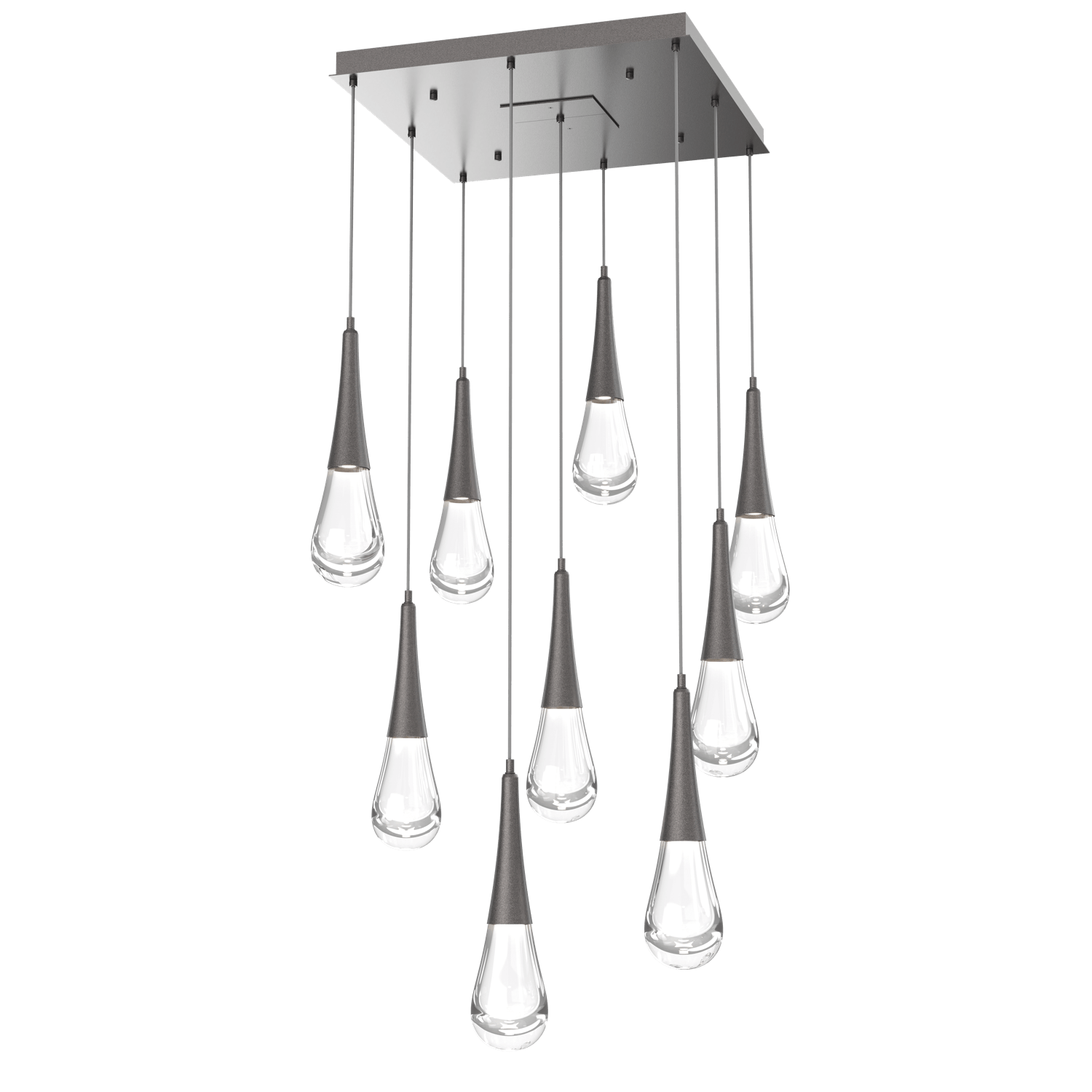 CHB0078-09-GP-Hammerton-Studio-Raindrop-9-light-square-pendant-chandelier-with-graphite-finish-and-clear-blown-glass-shades-and-LED-lamping