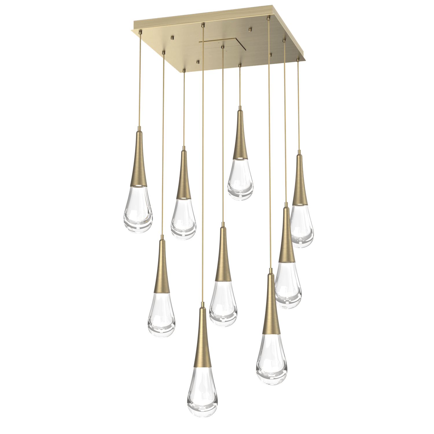 CHB0078-09-HB-Hammerton-Studio-Raindrop-9-light-square-pendant-chandelier-with-heritage-brass-finish-and-clear-blown-glass-shades-and-LED-lamping