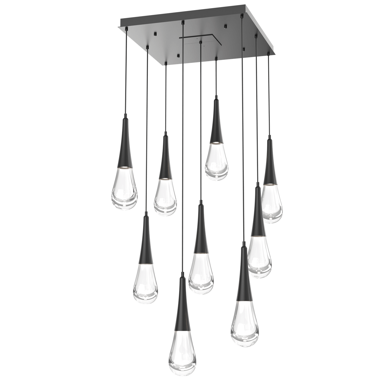 CHB0078-09-MB-Hammerton-Studio-Raindrop-9-light-square-pendant-chandelier-with-matte-black-finish-and-clear-blown-glass-shades-and-LED-lamping
