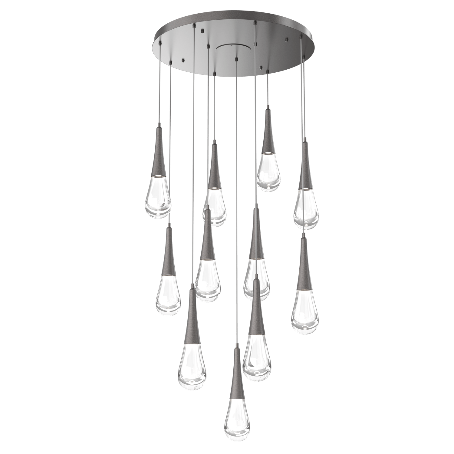 CHB0078-11-GP-Hammerton-Studio-Raindrop-11-light-round-pendant-chandelier-with-graphite-finish-and-clear-blown-glass-shades-and-LED-lamping