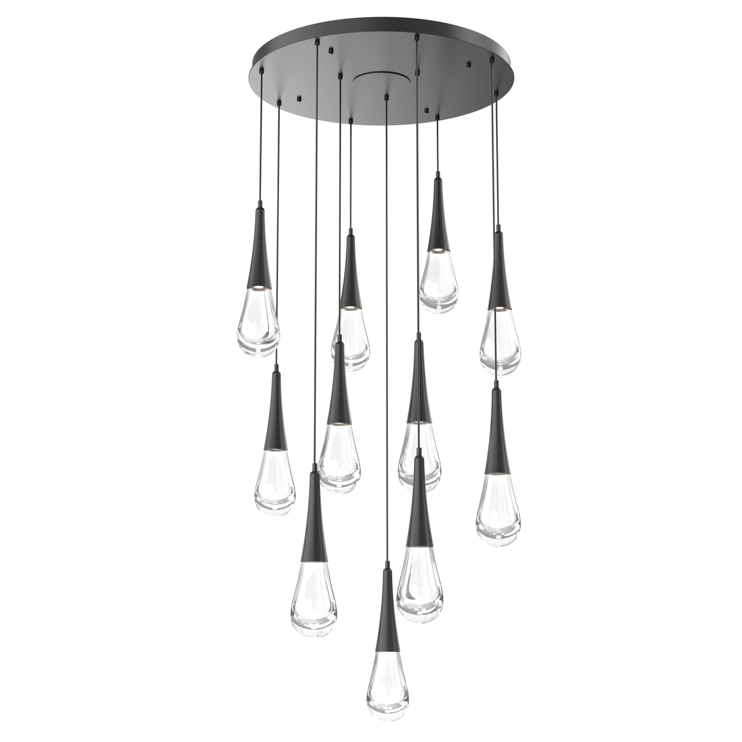CHB0078-11-MB-Hammerton-Studio-Raindrop-11-light-round-pendant-chandelier-with-matte-black-finish-and-clear-blown-glass-shades-and-LED-lamping