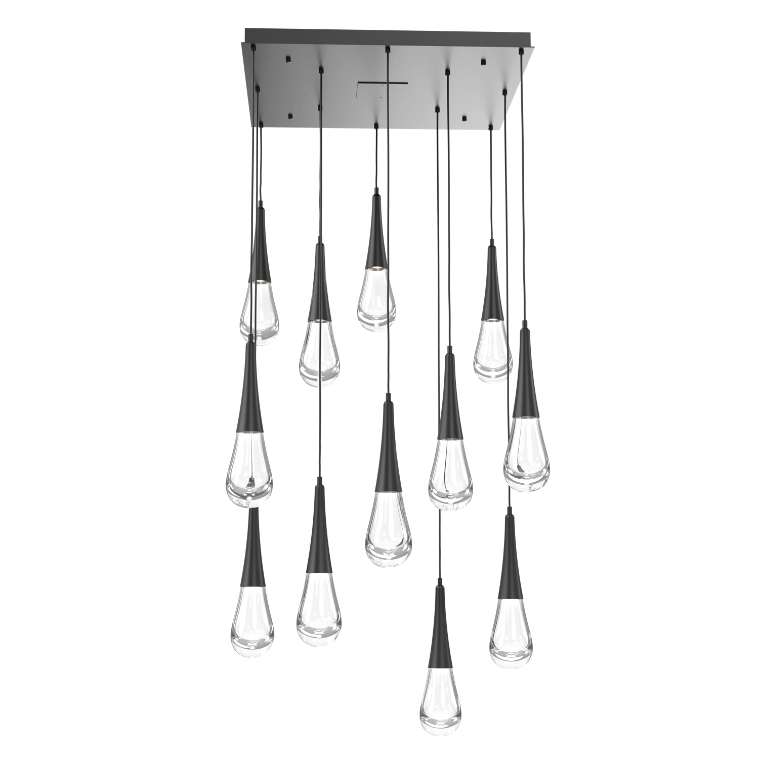 CHB0078-12-MB-Hammerton-Studio-Raindrop-12-light-square-pendant-chandelier-with-matte-black-finish-and-clear-blown-glass-shades-and-LED-lamping