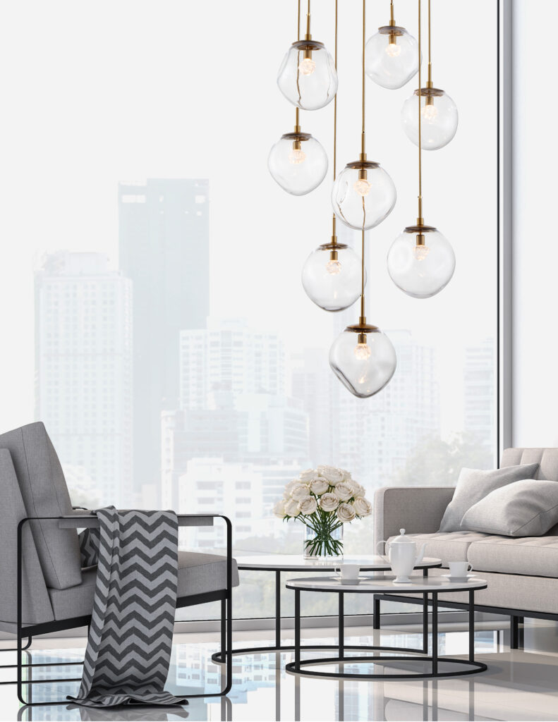 Modern white living room with city view 3d render,Decorate with