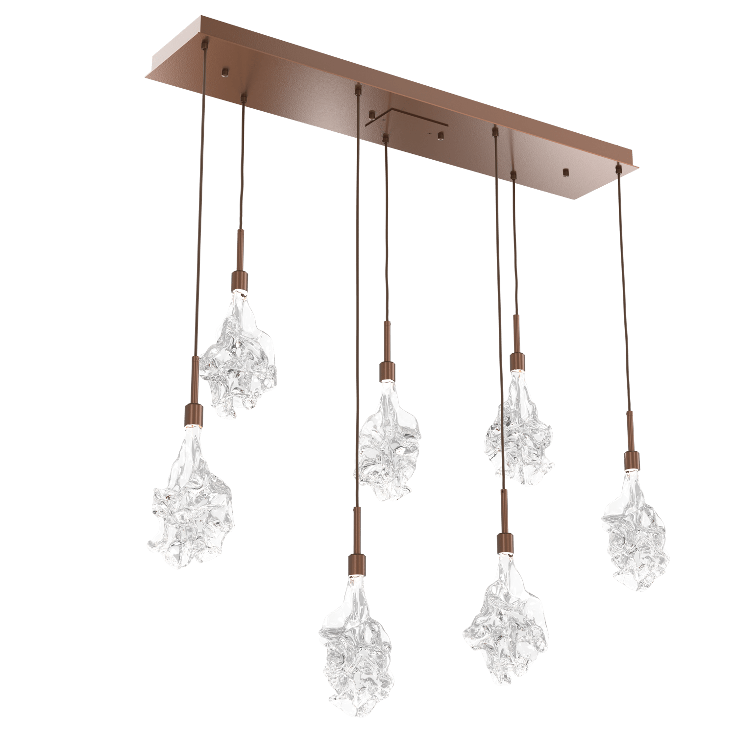 PLB0059-07-BB-Hammerton-Studio-Blossom-7-light-linear-pendant-chandelier-with-burnished-bronze-finish-and-clear-handblown-crystal-glass-shades-and-LED-lamping