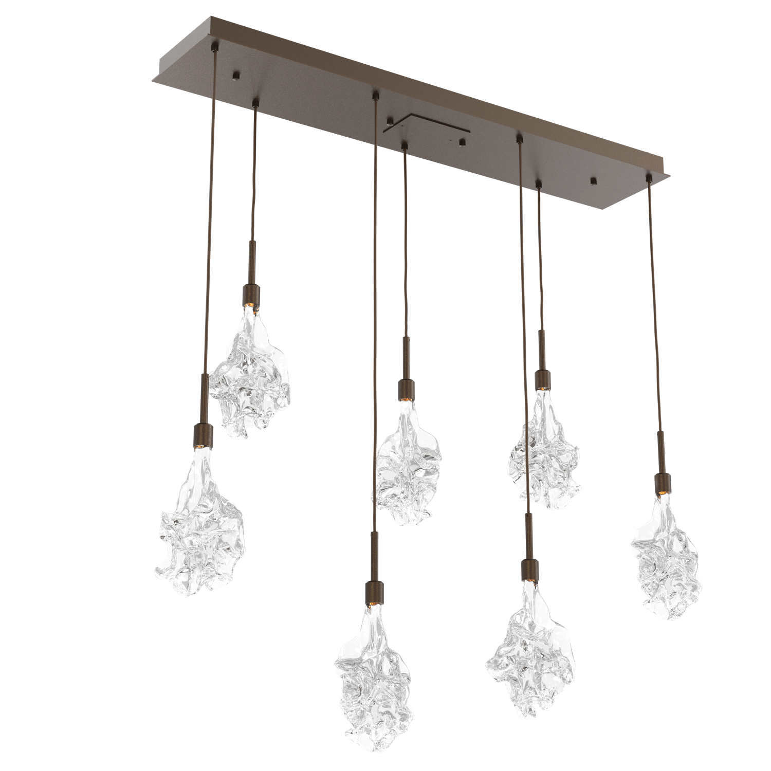 PLB0059-07-FB-Hammerton-Studio-Blossom-7-light-linear-pendant-chandelier-with-flat-bronze-finish-and-clear-handblown-crystal-glass-shades-and-LED-lamping