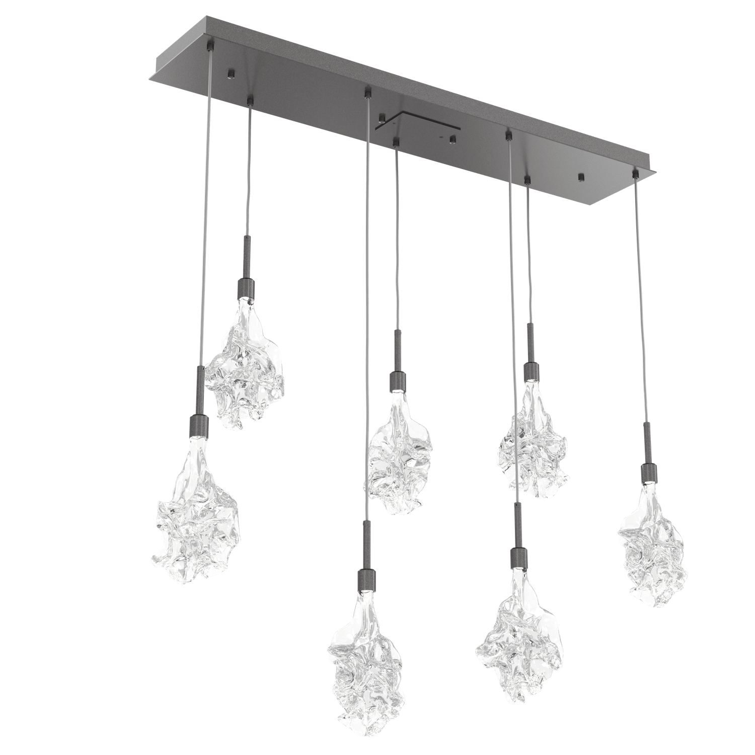 PLB0059-07-GP-Hammerton-Studio-Blossom-7-light-linear-pendant-chandelier-with-graphite-finish-and-clear-handblown-crystal-glass-shades-and-LED-lamping