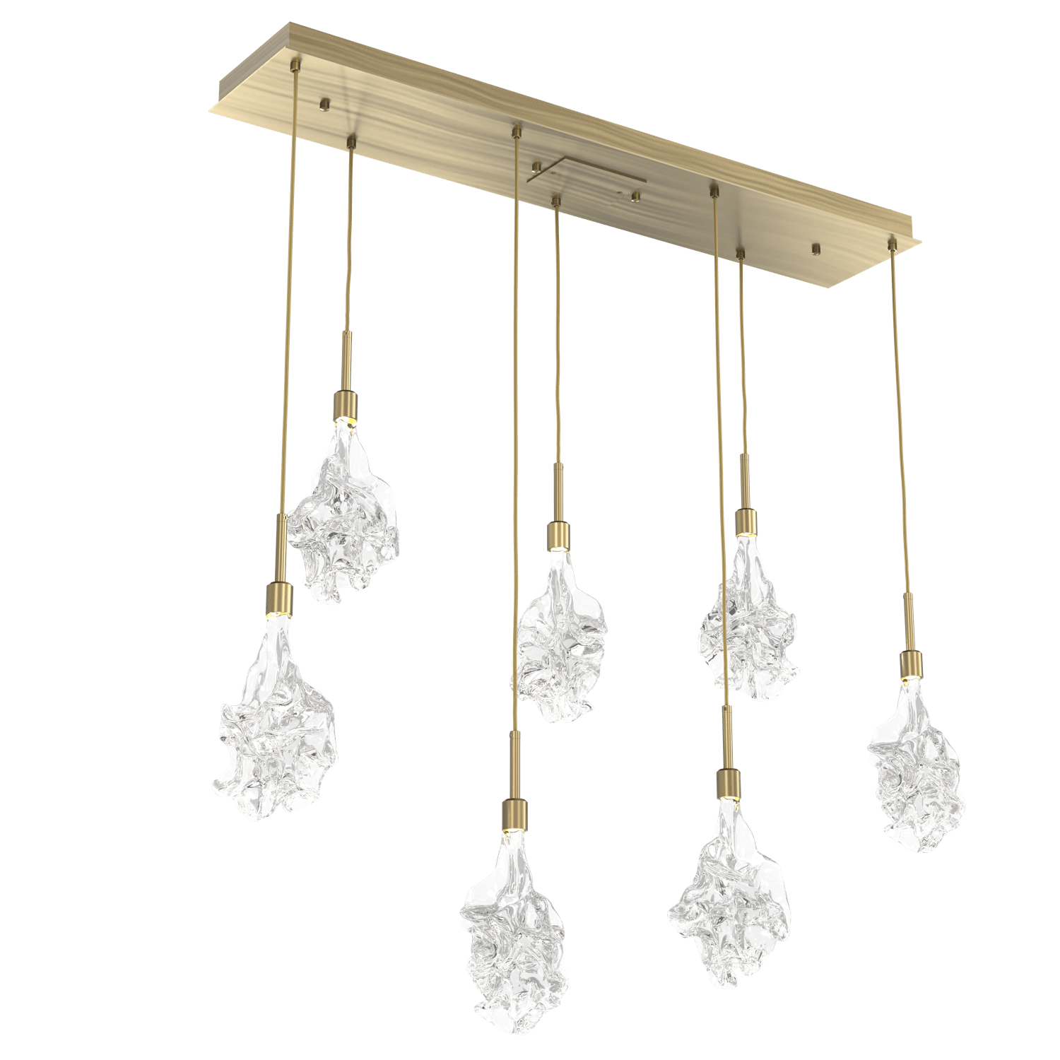 PLB0059-07-HB-Hammerton-Studio-Blossom-7-light-linear-pendant-chandelier-with-heritage-brass-finish-and-clear-handblown-crystal-glass-shades-and-LED-lamping