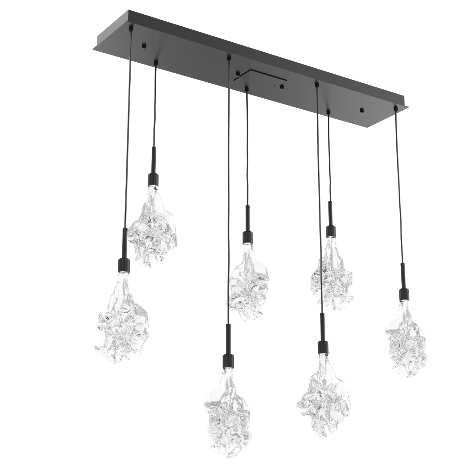 PLB0059-07-MB-Hammerton-Studio-Blossom-7-light-linear-pendant-chandelier-with-matte-black-finish-and-clear-handblown-crystal-glass-shades-and-LED-lamping