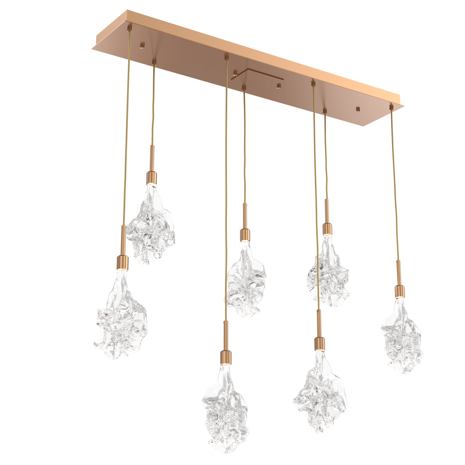 PLB0059-07-NB-Hammerton-Studio-Blossom-7-light-linear-pendant-chandelier-with-novel-brass-finish-and-clear-handblown-crystal-glass-shades-and-LED-lamping