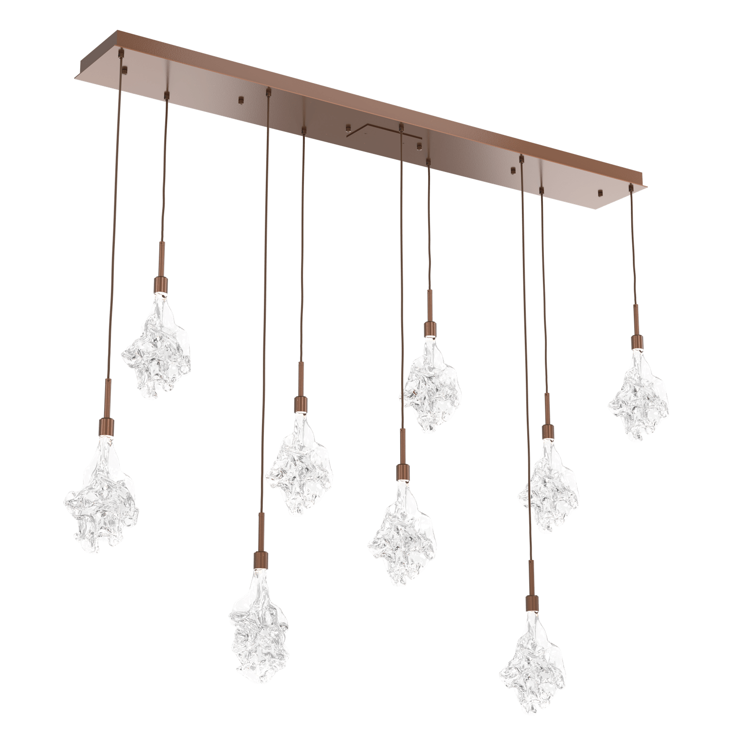 PLB0059-09-BB-Hammerton-Studio-Blossom-9-light-linear-pendant-chandelier-with-burnished-bronze-finish-and-clear-handblown-crystal-glass-shades-and-LED-lamping