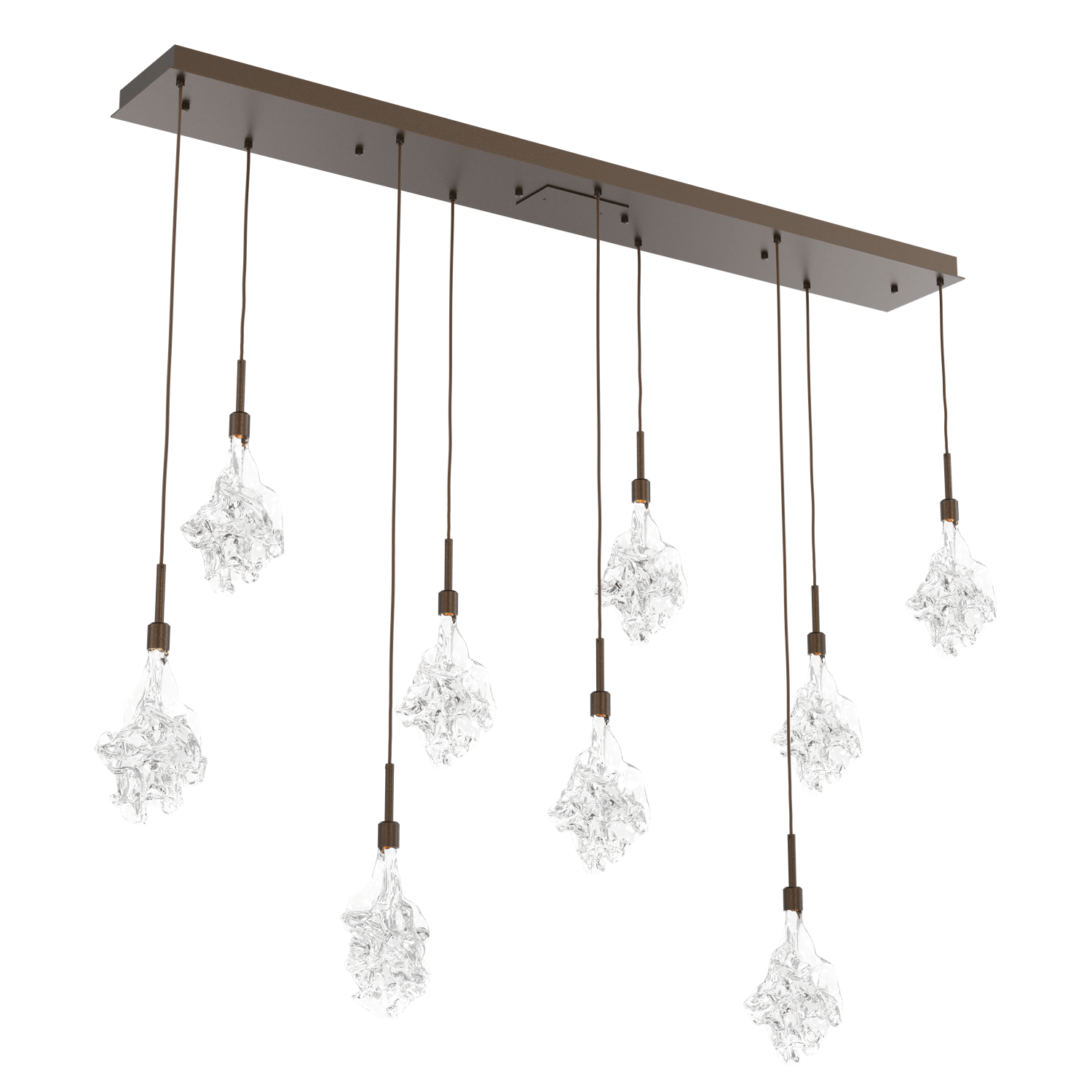 PLB0059-09-FB-Hammerton-Studio-Blossom-9-light-linear-pendant-chandelier-with-flat-bronze-finish-and-clear-handblown-crystal-glass-shades-and-LED-lamping