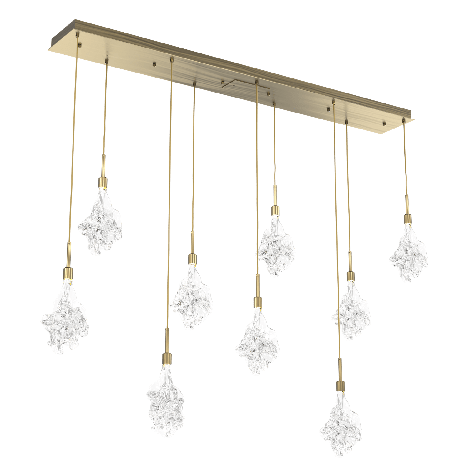 PLB0059-09-HB-Hammerton-Studio-Blossom-9-light-linear-pendant-chandelier-with-heritage-brass-finish-and-clear-handblown-crystal-glass-shades-and-LED-lamping