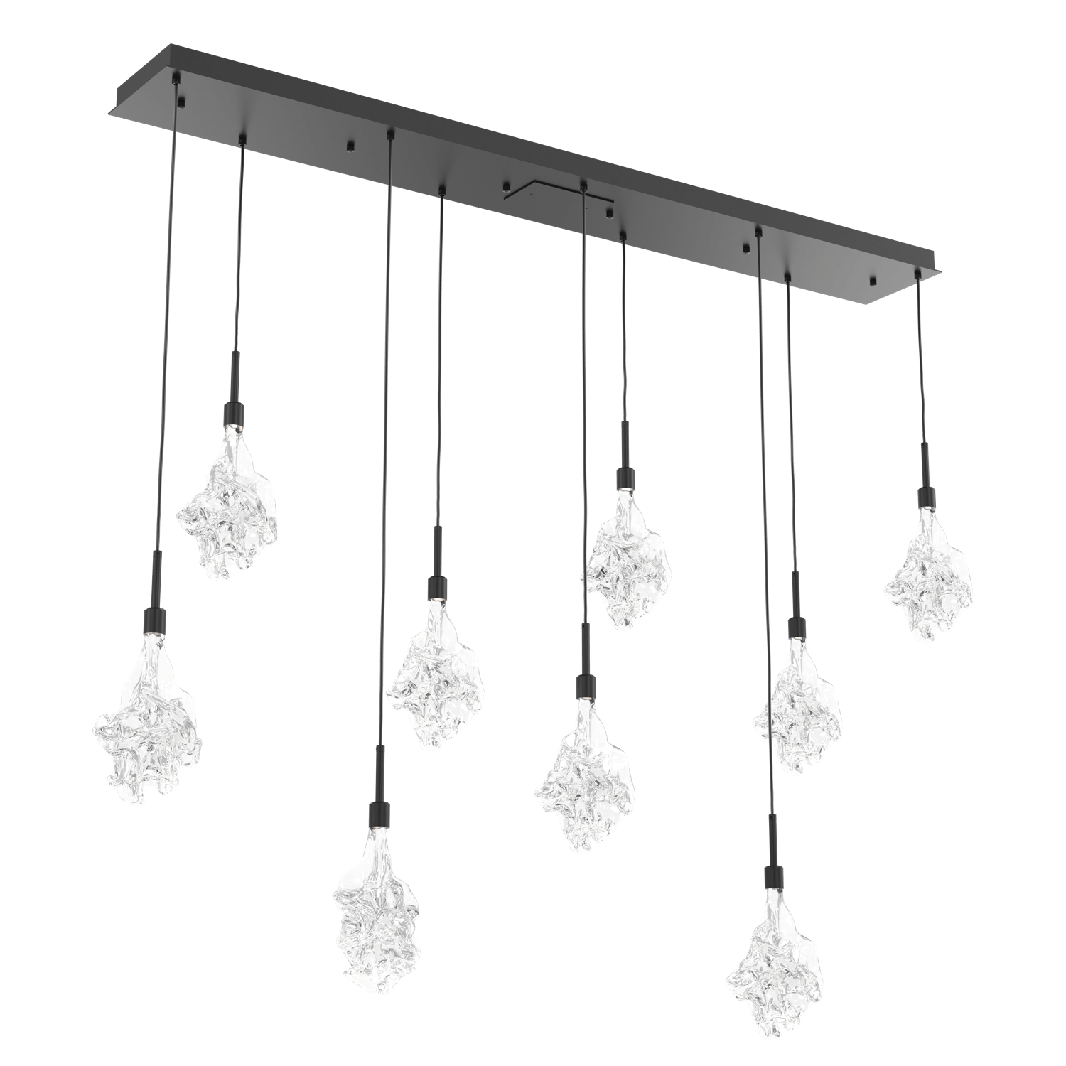 PLB0059-09-MB-Hammerton-Studio-Blossom-9-light-linear-pendant-chandelier-with-matte-black-finish-and-clear-handblown-crystal-glass-shades-and-LED-lamping